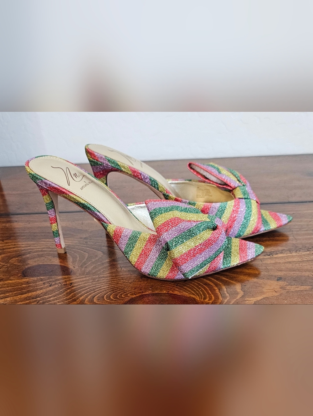 Antonio Melani Rainbow Metallic Glitter Striped Bow Slide heels Women's Sz 6 - Picture 2 of 9
